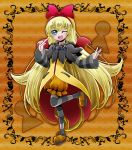  bat_wings blonde blue_eyes blush bow capelet cokata cosplay dokidoki!_precure female hair_bow leg_up lock_(pretty_cure)_(cosplay) long_hair looking_at_viewer one_eye_closed open_mouth precure red_bow regina_(dokidoki!_precure) smile solo standing standing_on_one_leg wings wink 