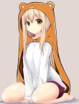  1girl bear_hood between_legs blonde_hair blush brown_eyes doma_umaru himouto!_umaru-chan hood looking_at_viewer sen_(astronomy) simple_background sitting smile solo 