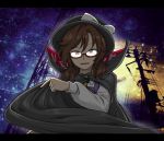  1girl bow brown_eyes brown_hair cape glasses hat hat_bow long_sleeves low_twintails night plaid red-framed_glasses school_uniform shimo_fuji short_hair skirt smile solo telephone_pole touhou twintails usami_sumireko 