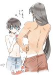  2boys :o blue_eyes crab from_behind horikawa_kunihiro izumi-no-kami_kanesada long_hair male_focus mizuhara_aki multiple_boys navel shirtless short_hair touken_ranbu translation_request white_background 