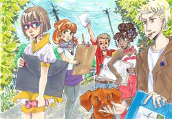  blonde blue_eyes brown_eyes brown_hair dog green_eyes group happy high_resolution jewelry lahara large_filesize glasses pantyhose redhead scarf scenery skirt smile 