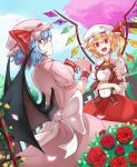  2girls :d bat_wings blonde_hair blue_hair cherry_blossoms cup dress fang_out fangs flandre_scarlet flower hat hat_ribbon highres looking_at_viewer mob_cap multiple_girls nobu_baka open_mouth red_eyes remilia_scarlet ribbon rose smile stuffed_animal stuffed_toy teacup teddy_bear touhou tsurime wings 
