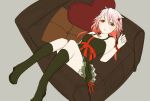  1girl bare_shoulders chaise_longue dress guilty_crown hair_ornament hairclip heart heart_pillow long_hair looking_at_viewer pillow pink_hair red_eyes sitting solo twintails usami_usa_o yuzuriha_inori 