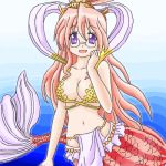  1girl breasts cleavage cosplay crown glasses jewelry large_breasts long_hair look-alike lowres lucky_star mermaid monster_girl navel one_piece open_mouth pink_hair shell shell_bikini shirahoshi shirahoshi_(cosplay) smile solo tagme takara_miyuki violet_eyes 