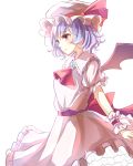  1girl ascot bat_wings blue_hair dress hat highres kashiwagi_chisame red_eyes remilia_scarlet short_hair simple_background solo touhou white_background wings wrist_cuffs 