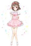  1girl alternate_costume animal_ears ankle_socks brown_hair frilled_skirt frills full_body hair_ribbon inaba_tewi knees_together_feet_apart layered_dress looking_at_viewer mary_janes petals pink_dress puffy_short_sleeves puffy_sleeves rabbit_ears raised_hand red_eyes ribbon shoes short_hair short_sleeves shou_moeboshi skirt skirt_hold smile solo standing touhou white_background wrist_cuffs 