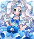  _princess_precure alternative_color aqua_eyes blue_bow blue_dress blue_eyes blue_outfit blush bow closed_mouth cokata cure_flora dress earrings female gloves go! go!_princess_precure grey_hair hair_bun happy haruno_haruka highlights jewelry long_hair magical_girl multicolored_hair piercing precure sango_kata smile solo two-tone_hair wavy_hair white_hair 