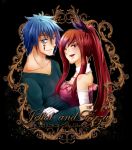  blue_eyes blue_hair blush devil_bun erza_scarlet fairy_tail gloves happy high_resolution jellal_fernandes long_hair ponytail red_eyes redhead ribbon short_hair smile tattoo 