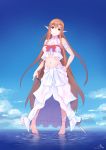  1girl asuna_(sao) brown_eyes brown_hair feihong long_hair looking_at_viewer midriff pointy_ears smile solo standing standing_on_water sword sword_art_online water weapon 