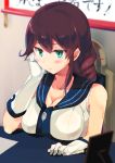  1girl aqua_eyes blush breasts brown_hair chair chin_rest cleavage gloves highres kantai_collection long_hair noshiro_(kantai_collection) school_uniform senbei_(senbe_i) serafuku sitting sleeveless solo white_gloves 