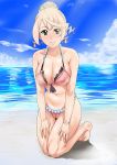  1girl alisha_(tales) beach bikini blonde_hair cholesenel green_eyes hair_bun highres kneeling short_hair swimsuit tales_of_(series) tales_of_zestiria 