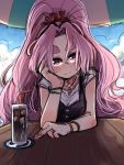  1girl alternate_costume amagaeru_(hylathewet) clouds drink drinking drinking_glass drinking_straw eyebrows hair_ornament hand_on_own_cheek hand_on_own_face hatsuharu_(kantai_collection) head_rest highres ice_cube jewelry kantai_collection long_hair looking_at_viewer ponytail purple_hair ring short_eyebrows sky smile solo table umbrella very_long_hair violet_eyes wedding_band wedding_ring 