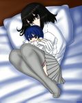  1girl akitsu_maru_(kantai_collection) bed black_hair blue_hair character_doll fetal_position hug kantai_collection no_hat pillow solo tagami_sayo 