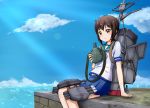  1girl ame. brown_eyes brown_hair cannon canteen commentary_request fubuki_(kantai_collection) kantai_collection long_hair ponytail school_uniform serafuku sitting turret 