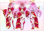  back cover_image cure_scarlet dress earrings female go!_princess_precure gown jewelry long_hair looking_at_viewer magical_girl nakatani_yukiko official_art piercing pink_hair pointed_ears precure red_eyes ringlets smile solo standing towa_(pretty_cure) 