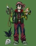  1boy backpack bag bandana bird candle crow fujie_yamato green_background hammer highres hoodie nail noose original pants shoes simple_background skull sneakers solo standing track_pants 
