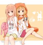  2girls animal_costume blonde_hair brown_eyes chicking cosplay costume_switch crossover doma_umaru futaba_anzu game_console highres himouto!_umaru-chan hood idolmaster idolmaster_cinderella_girls long_hair multiple_girls smile stuffed_animal stuffed_bunny stuffed_toy t-shirt trait_connection twintails 