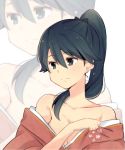  1girl bare_shoulders black_hair breasts cleavage houshou_(kantai_collection) japanese_clothes kantai_collection long_hair ponytail smile solo undressing yukichi_(eikichi) zoom_layer 