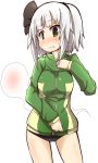  1girl alternate_costume blush buruma green_eyes gym_uniform hair_ribbon konpaku_youmu konpaku_youmu_(ghost) kumo_(atm) long_sleeves ribbon short_hair silver_hair solo thighs touhou track_jacket unzipping zipper 