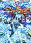  1girl ahoge blue_eyes blue_skin breasts cleavage demon_girl demon_horns demon_tail detached_collar elbow_gloves floating_hair gloves hera-is_(p&amp;d) horns ice large_breasts long_hair official_art orange_hair pointy_ears puzzle_&amp;_dragons sample snowflakes solo tail tiara youichi 