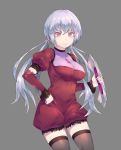  1girl black_legwear breasts detached_sleeves grey_background highres jewelry large_breasts long_hair necklace puffy_short_sleeves puffy_sleeves senki_zesshou_symphogear short_sleeves silver_hair solo thigh-highs twintails violet_eyes yukine_chris 