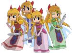  ;) alternate_color black_eyes blonde_hair clone elbow_gloves eyeshadow four_swords gloves long_dress long_hair makeup metal_breakdown multiple_persona one_eye_closed payot pelvic_curtain pointy_ears princess_zelda smile the_legend_of_zelda tiara what_if wind_waker 