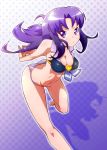  1girl arms_behind_back barefoot bikini breasts brooch cleavage happinesscharge_precure! hikawa_iona jewelry leaning_forward long_hair polka_dot polka_dot_background precure purple_background purple_hair ryuuta_(cure_ryuuta) smile solo standing_on_one_leg stretch swimsuit violet_eyes 