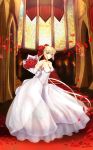  ahoge blonde dress fate/extra fate_(series) flower gloves green_eyes high_resolution ponytail ribbon saber_extra short_hair smile very_high_resolution wedding xiao_long_xie 