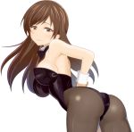  1girl arched_back ass bare_shoulders black_legwear breasts brown_eyes brown_hair bunnysuit cowboy_shot from_behind highres idolmaster idolmaster_cinderella_girls long_hair looking_at_viewer nitta_minami pantyhose simple_background solo takahirokun white_background wrist_cuffs 