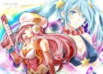  blue_eyes blue_hair gun hat headphones jewelry league_of_legends long_hair miss_sarah_fortune pink_hair potential_duplicate purple_hair sona_buvelle stars twintails urusai-baka weapon 