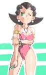  1girl ;) armlet bare_shoulders black_hair bracelet breasts cleavage cowboy_shot earrings green_eyes holding_arm inkerton-kun jewelry leotard necklace one_eye_closed playboy_bunny_leotard ring rockman rockman_dash short_hair smile solo tron_bonne 