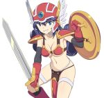  1girl armor bikini_armor blue_eyes breasts caryo cleavage curly_hair dragon_quest dragon_quest_iii dual_wielding elbow_gloves gloves grin helmet loincloth long_hair midriff nanashino navel purple_hair red_eyes shield simple_background smile soldier_(dq3) solo sword thigh_strap weapon white_background winged_helmet 