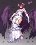  1girl :d ahoge albedo artist_name barefoot black_wings breasts dress gloves horns jjune long_hair looking_at_viewer open_mouth overlord_(maruyama) purple_hair smile solo very_long_hair white_dress white_gloves wings yellow_eyes 