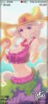  1girl alternate_skin_color banana bikini bracelet breasts dakun food fruit hat jewelry league_of_legends long_hair navel necklace pink_bikini pointy_ears signature solo soraka staff sun_hat swimsuit very_long_hair viewfinder violet_eyes white_hair 