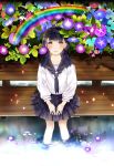  (pixiv_1099406) black_hair blush brown_eyes flower km_ long_hair rainbow school_uniform water wet 