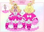  aqua_eyes back blonde cover_image crown cure_flora dress earrings female go!_princess_precure gown haruno_haruka highlights jewelry long_hair looking_at_viewer magical_girl multicolored_hair nakatani_yukiko official_art piercing pink_dress pink_outfit precure smile solo standing two-tone_hair wavy_hair 