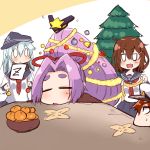  0_0 1boy 3girls admiral_(kantai_collection) amagaeru_(hylathewet) anchor anchor_symbol bell brown_hair christmas christmas_tree closed_eyes eyebrows eyebrows_visible_through_hair fang food fruit hair_bell hair_ornament hair_ribbon hairclip hat hatsuharu_(kantai_collection) headgear hibiki_(kantai_collection) hikimayu ikazuchi_(kantai_collection) kantai_collection kotatsu long_hair mandarin_orange mole mole_under_eye multiple_girls open_mouth peaked_cap pine_tree ponytail purple_hair remodel_(kantai_collection) ribbon school_uniform serafuku short_eyebrows short_hair shota_admiral_(kantai_collection) skirt sleeping smile star table tree very_long_hair white_hair wide_oval_eyes zzz 