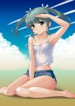  1girl aqua_hair armpits bare_legs barefoot between_legs blush breasts cleavage clouds cloudy_sky collarbone condensation_trail green_eyes hair_ornament hair_ribbon hand_between_legs highres kantai_collection kaze_makase looking_at_viewer midriff navel ribbon salute shiny shiny_skin short_shorts shorts sitting sky small_breasts solo strap_slip twintails zuikaku_(kantai_collection) 