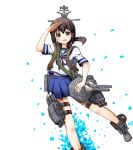  1girl ame. brown_eyes brown_hair cannon fubuki_(kantai_collection) kantai_collection long_hair ponytail salute school_uniform serafuku turret 