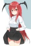  1girl alternate_costume bat_wings blush emushake head_wings highres koakuma long_hair long_sleeves looking_at_viewer no_wings red_eyes redhead shirt skirt skirt_lift solo touhou virgin_killer_outfit wings 