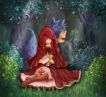  animal_ears blue_eyes blue_hair boots cloak crossover devil_bun dress erza_scarlet fairy_tail fang garter high_resolution jellal_fernandes little_red_riding_hood long_hair red_eyes redhead ribbon short_hair smile tail tattoo tree weapon wolf_ears 