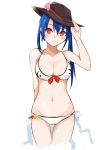  1girl adapted_costume bikini blue_hair breasts cleavage food fruit hat highres hinanawi_tenshi long_hair peach red_eyes smile solo swimsuit tetsurou_(fe+) touhou 