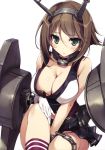  1girl :&lt; absurdres between_thighs blush breasts brown_hair cannon cleavage gloves green_eyes hair_between_eyes headgear highres kantai_collection karory large_breasts leg_up matchstick mecha_musume midriff miniskirt mutsu_(kantai_collection) navel pleated_skirt red_legwear scan short_hair sitting skirt socks solo sweat turret white_gloves 