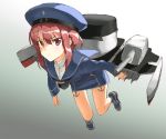  &gt;:( 1girl clothes_writing frown full_body gradient gradient_background hat kantai_collection leaning_forward long_sleeves machinery payot red_eyes redhead sailor_collar sailor_hat shirubaburu short_hair solo turret z3_max_schultz_(kantai_collection) 