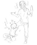  2boys animal_ears bowl from_behind heart inazuma_eleven inazuma_eleven_(series) kazemaru_ichirouta kemonomimi_mode long_hair male_focus milk_carton miyasaka_ryou monochrome multiple_boys older sketch tail tomo_(sjim) translation_request younger 