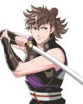  1boy brown_hair fire_emblem fire_emblem_if gauntlets gloves hinata_(fire_emblem_if) katana minato_(robin) ponytail scar solo sword weapon white_background 