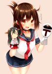  1girl absurdres admiral_(kantai_collection) black_hair blush brown_eyes brown_hair collar hair_ornament hairclip hand_puppet haruna_(kantai_collection) hat highres kantai_collection long_hair open_mouth puppet simple_background smile tsukui_kachou 