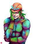  bandages blue_lipstick dated diego_brando gloves green_hair hand_on_own_face helmet highres jojo_no_kimyou_na_bouken lipstick makeup muscle signature steel_ball_run tariah_furlow turtleneck violet_eyes 