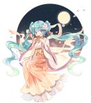  1girl apple972 aqua_eyes aqua_hair flower full_moon hatsune_miku japanese_clothes long_hair moon mooncake solo twintails vocaloid 