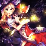  2girls :o arm_holding black_background blonde_hair bow braid brown_eyes brown_hair detached_sleeves hair_bow hair_ribbon hakurei_reimu hat head_on_chest hug kirisame_marisa light_frown light_particles long_hair looking_at_viewer looking_away multiple_girls open_hand puffy_short_sleeves puffy_sleeves raised_hand rapisu_(rapisu358) ribbon short_hair short_sleeves single_braid skirt skirt_set star touhou tress_ribbon witch_hat yellow_eyes 